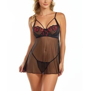 ICollection Women's Red Floral  Sexy Embroidered Lingerie, 2-Piece- Red/Black L